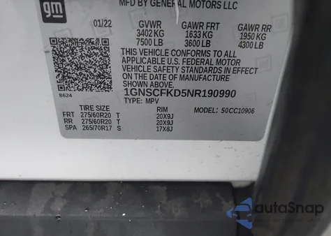 2022 Chevrolet Suburban 2Wd Premier z USA, uszkodzony, nr VIN 1GNSCFKD5NR190990